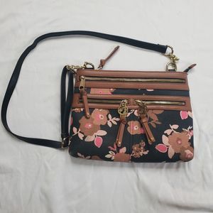 Spartina 449 Verdier Crossbody Bag Linen & Leather Floral Shoulder Bag 12"X 9"